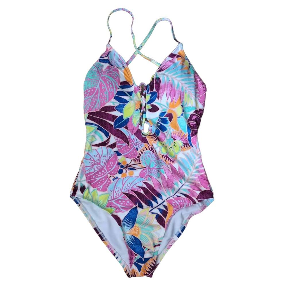 NWT Hobie Floral Pattern Cross Back Straps Padded Bust One Piece Swimsuit US M